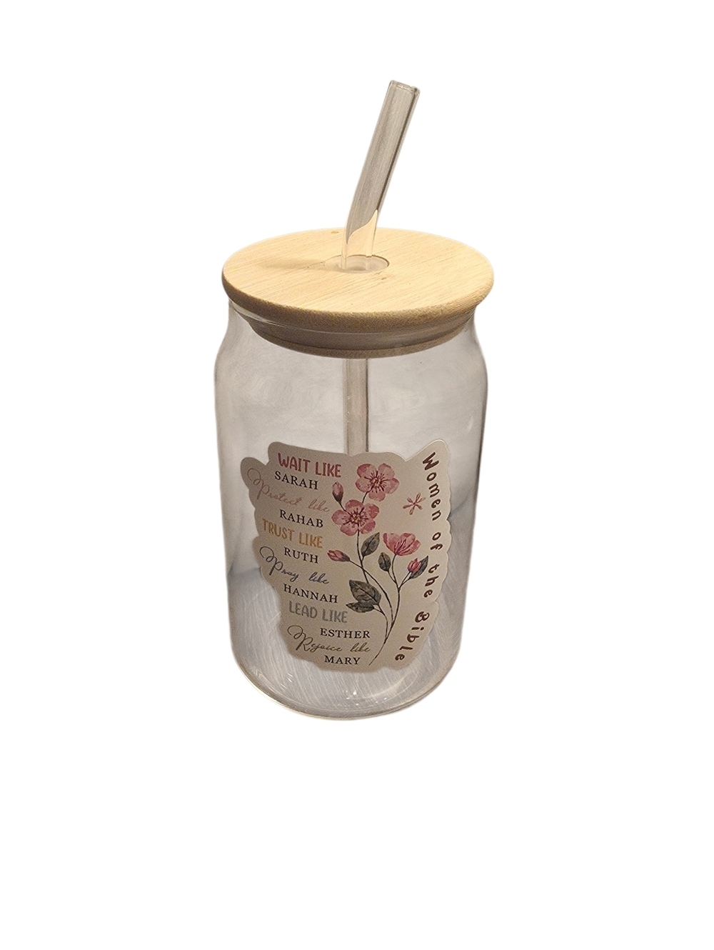 Floral 'Women of the Bible' Glass Tumbler with Straw - Pink Accents